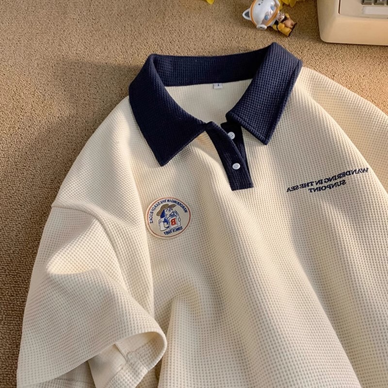 American Retro Waffle Embroidery Small Logo Polo Collar Short-Sleeve T-Shirt for Men and Women, Color-Blocked College Style Shirt