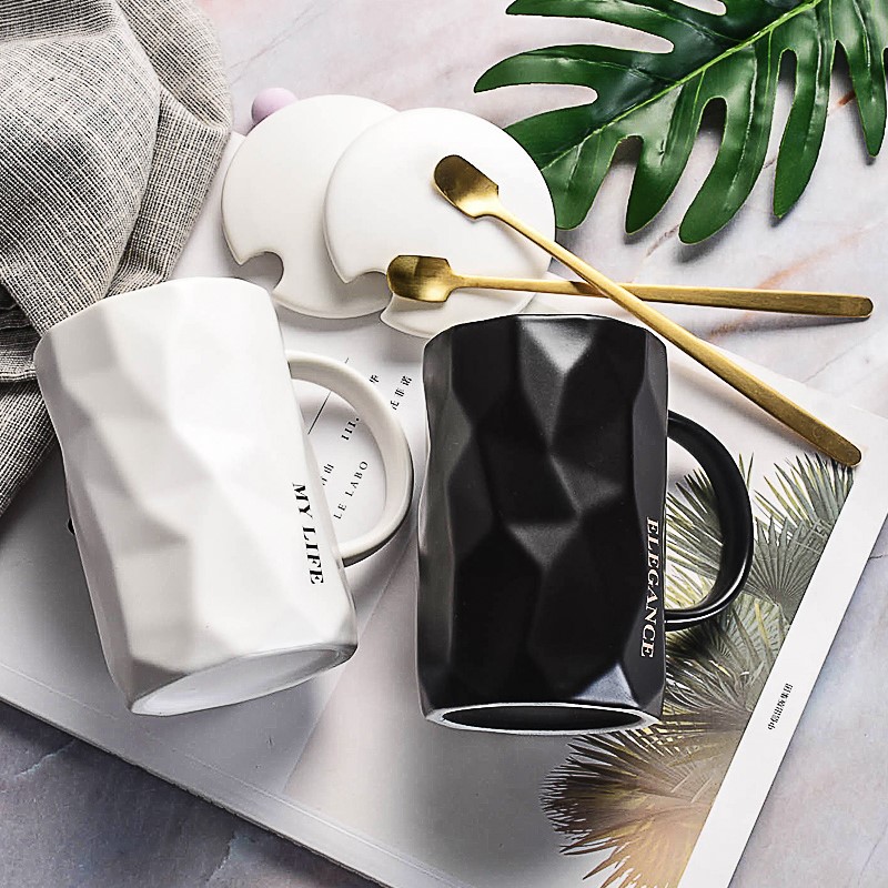 Creative male and female ceramic Mark Cup ins Nordic minimalist with lid spoon coffee cup personality trend home water cup