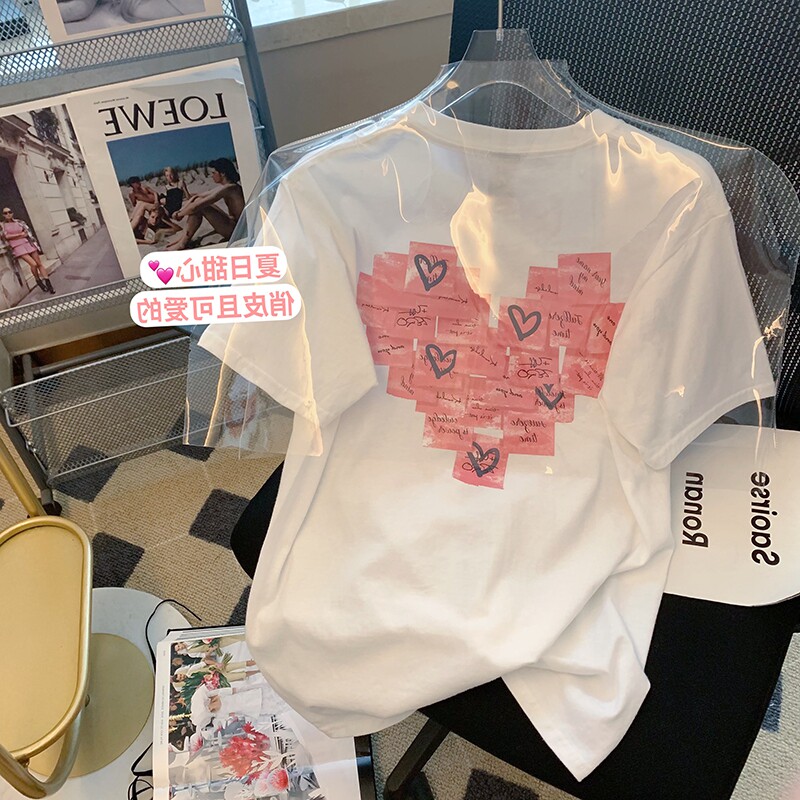 Middle-aged children's love cloth stickers short-sleeved T-shirt girls' casual all-match tops bottoming shirts girls new 2022