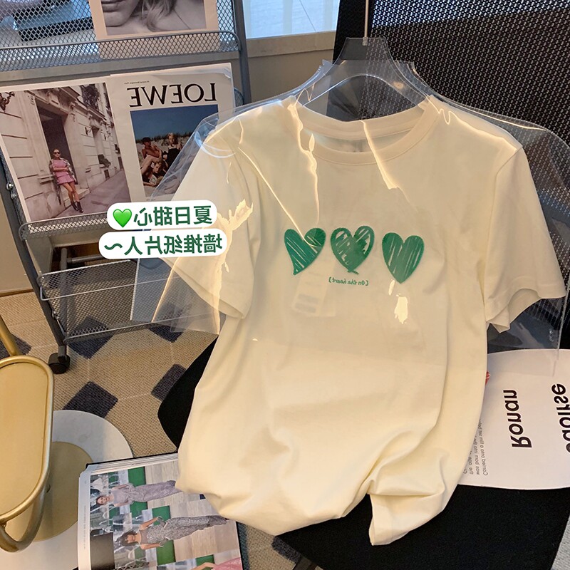 Medium and large children's clothing white cotton love print short-sleeved T-shirt girls and children's T-shirt all-match fashion top bottoming shirt