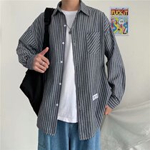 Long sleeve shirt spring new Korean loose lapel mens striped Hong Kong flavor casual label shirt summer sunscreen