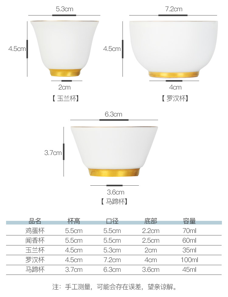 Household manual hand - made kung fu tea cup sample tea cup ceramic tea set, tea set master cup thin white porcelain