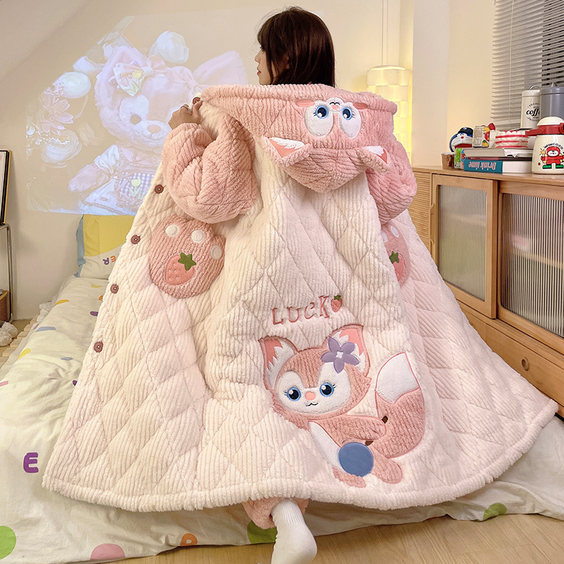 Three-Layer Quilted Pajamas Women's Robe Coral Fleece Autumn and Winter 2026 New Style Fleece-Lined Thickened Set Loungewear