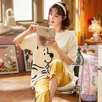 Net red hot pajamas womens pure cotton cute summer short-sleeved home clothes thin large size ins wind two-piece suit