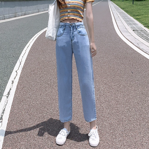 Джинсы, штаны, тонкая летняя одежда, свободный прямой крой, подходит для подростков, высокая талия