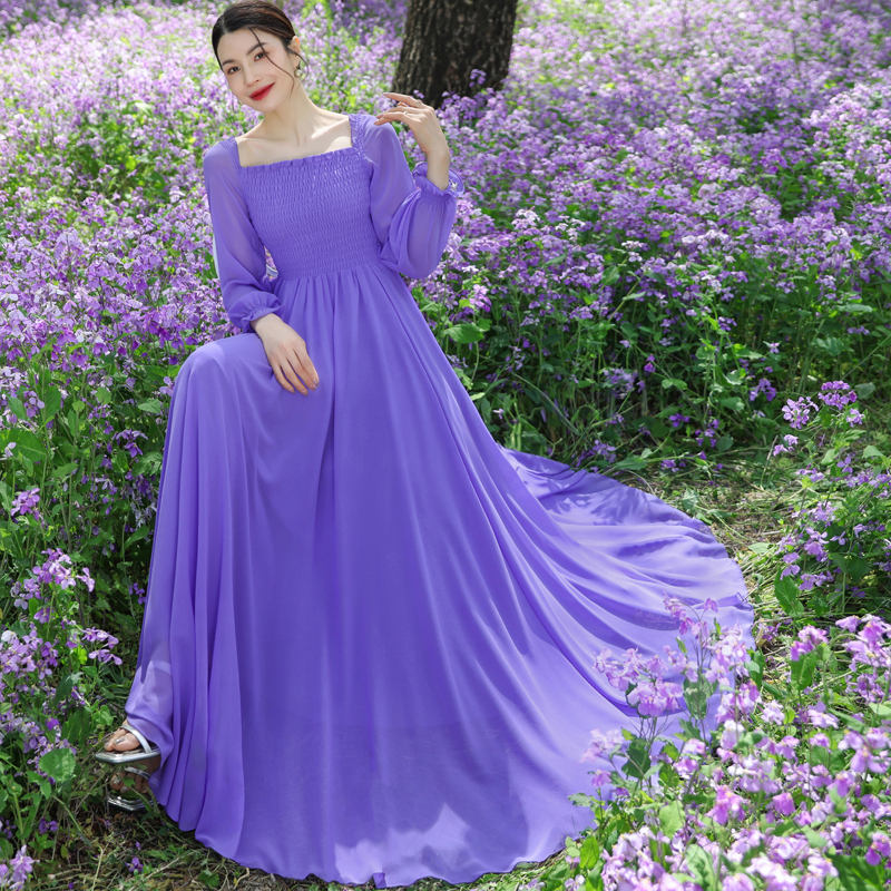 Retro One-Line Neckline Violet Dress for Women, Beach Vacation, Waist Slimming, Chiffon Long Skirt, Pure Color