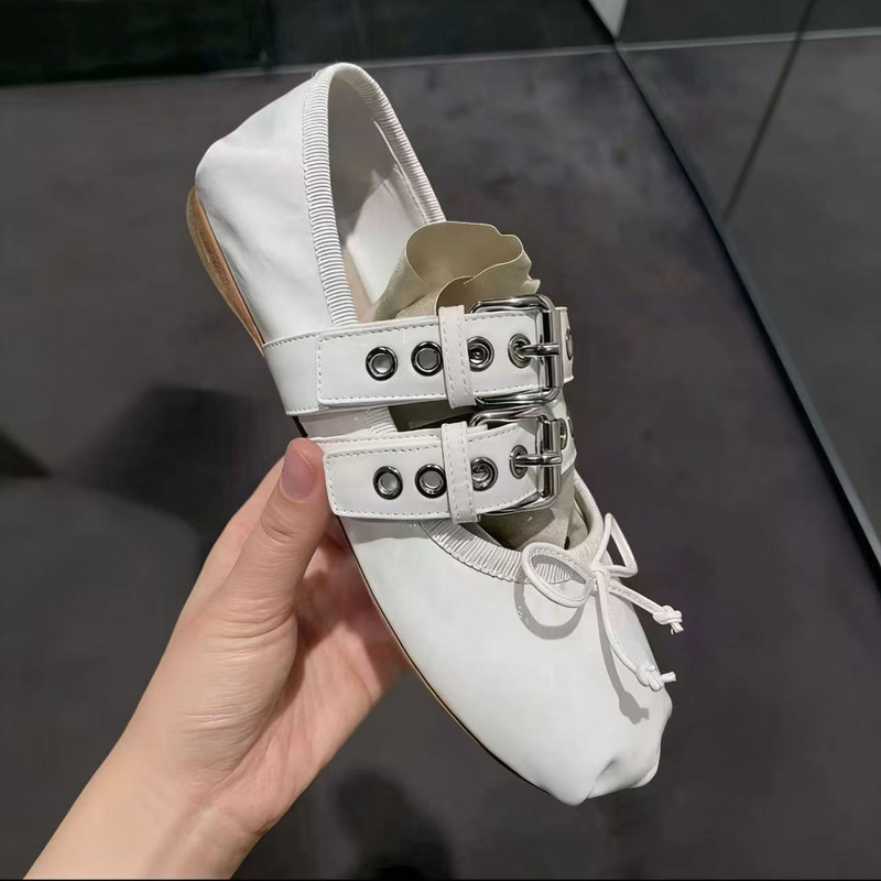 Miu Ballet Lace-Up Round-Toe Shallow Flat Shoes with Bow, Patent Leather Retro Genuine Leather Height-Increasing Women's Shoes