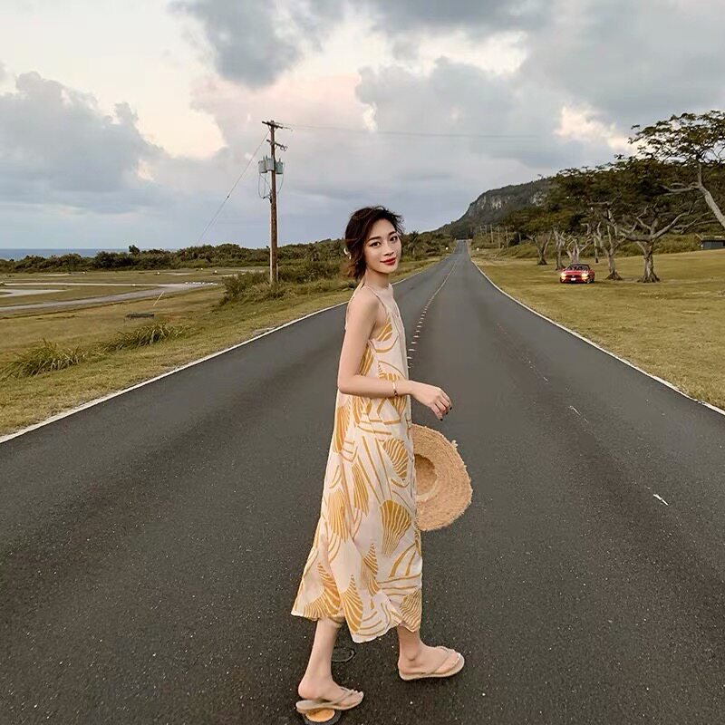 Beach dress female seaside resort superfan Sanya tourist clothes resort wear gentle temperament hanging dress long skirt