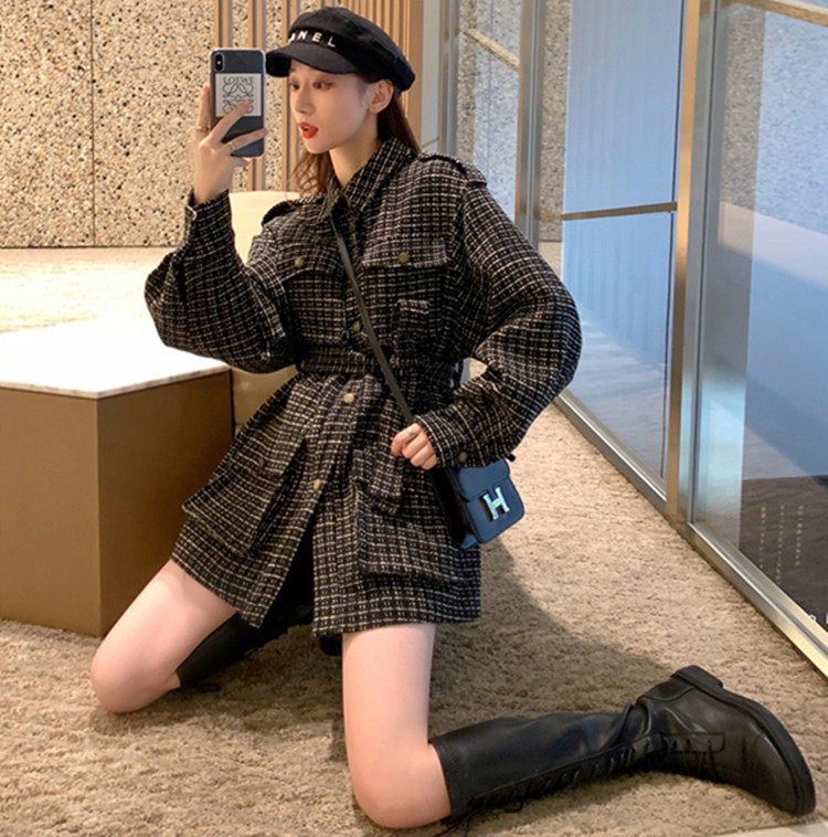 Wool, great coat of women's medium long version 2021 autumn winter new South Korean pop retro black plaid small fragrant wind jacket