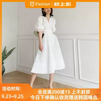White bubble sleeve dress women 2021 summer French temperament gentle wind thin waist long version of tea break skirt