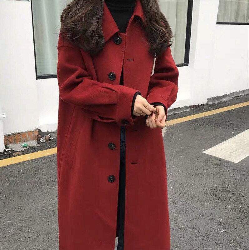 European station high-end double-sided cashmere dresses 2021 autumn and winter new Korean version of the long version of the red wool coat