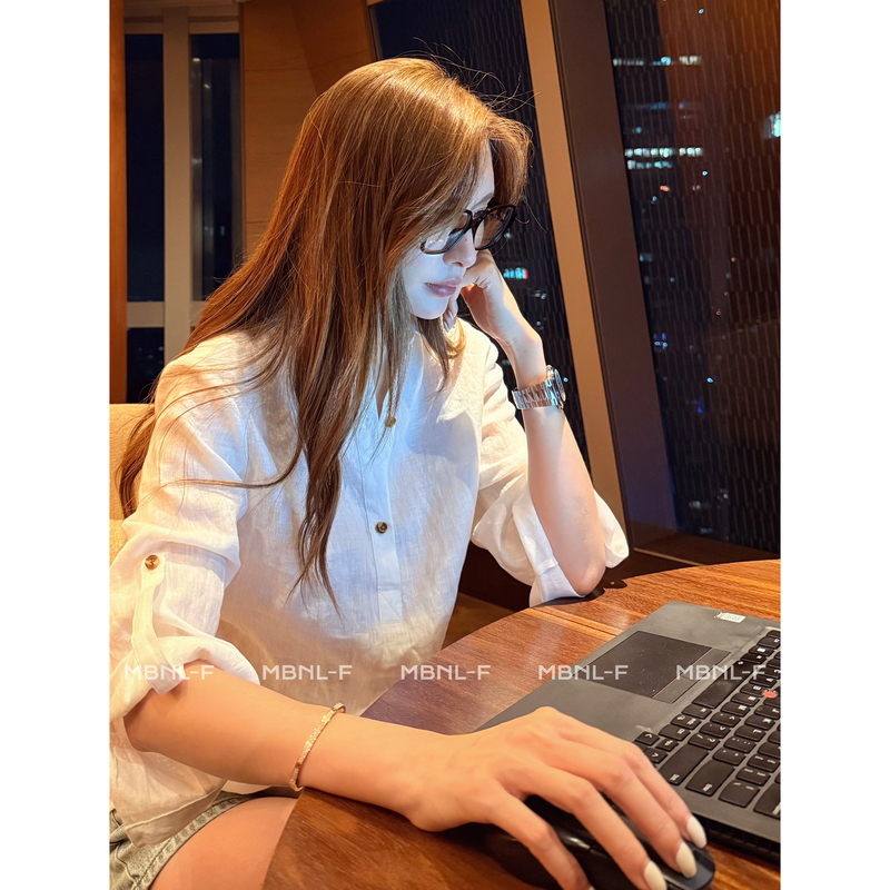 Mbnl-F Qin Lei Women's Clothing "Row Three-Button Shirt" 100% Linen Relaxed Fit Shirt Xm-Xcy1212