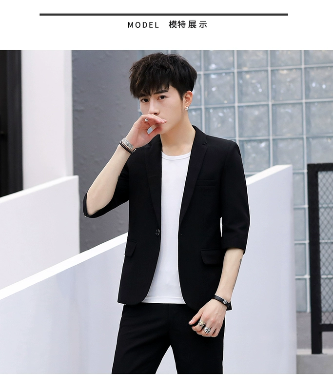 Bộ đồ ba phần tư dành cho nam giới hai mảnh mùa hè mỏng của giới trẻ Phong cách Hàn Quốc mỏng sinh viên giữa tay áo khoác nhỏ xu hướng - Suit phù hợp