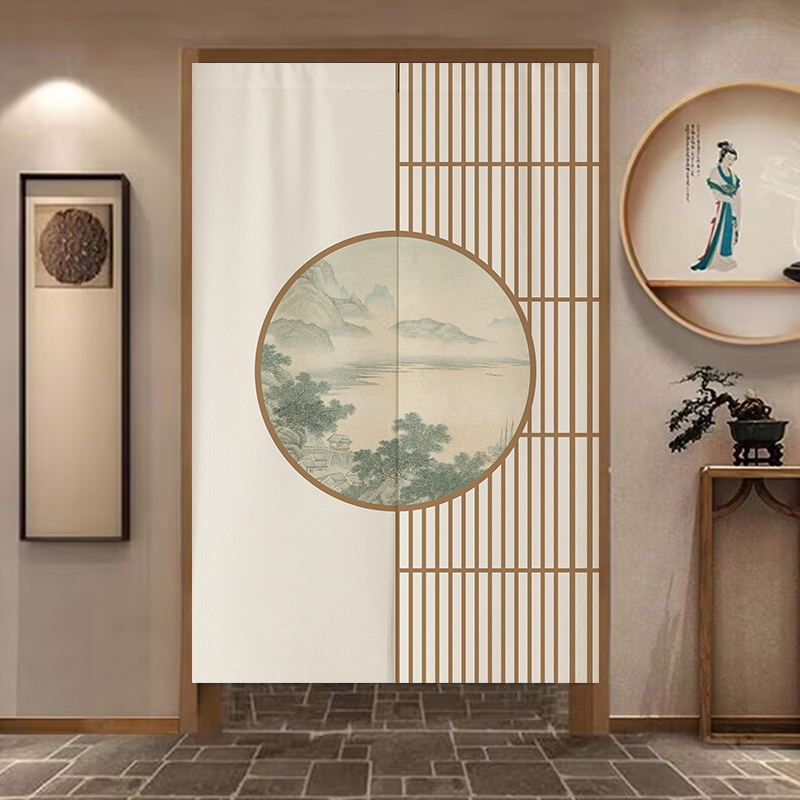 Chinese-Style Door Curtain, Chinese-Style Fabric Partition Curtain, Home Bedroom Entranceway Blocking Curtain, Living Room Bathroom Half Curtain