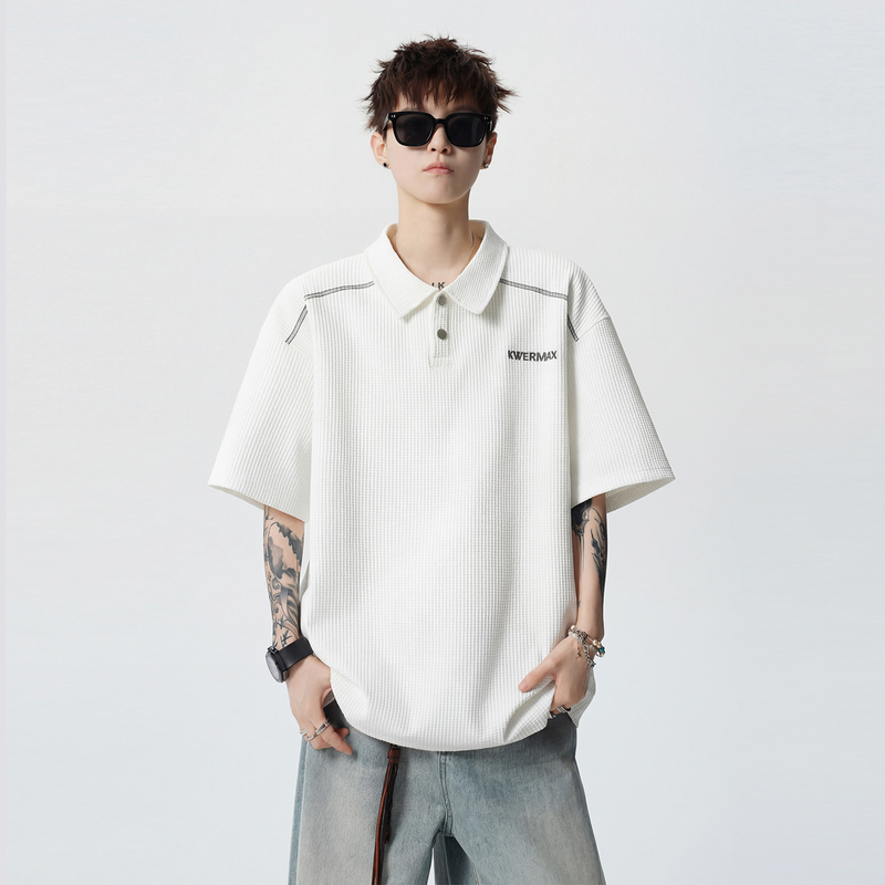 Forstnes Summer High-End Waffle Polo Shirt Short-Sleeved T-Shirt Men's Trendy Simple Casual Versatile Top