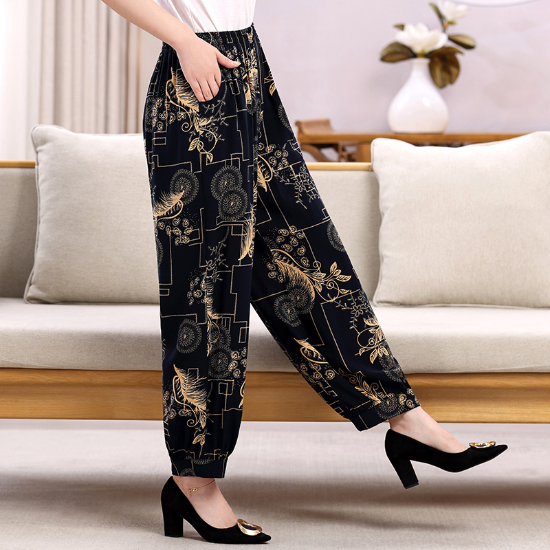Cotton Lantern Pants for Middle-Aged and Elderly Women, New Summer Style, High-Waisted, Loose, Casual, Chinese Style Floral Pants for Women