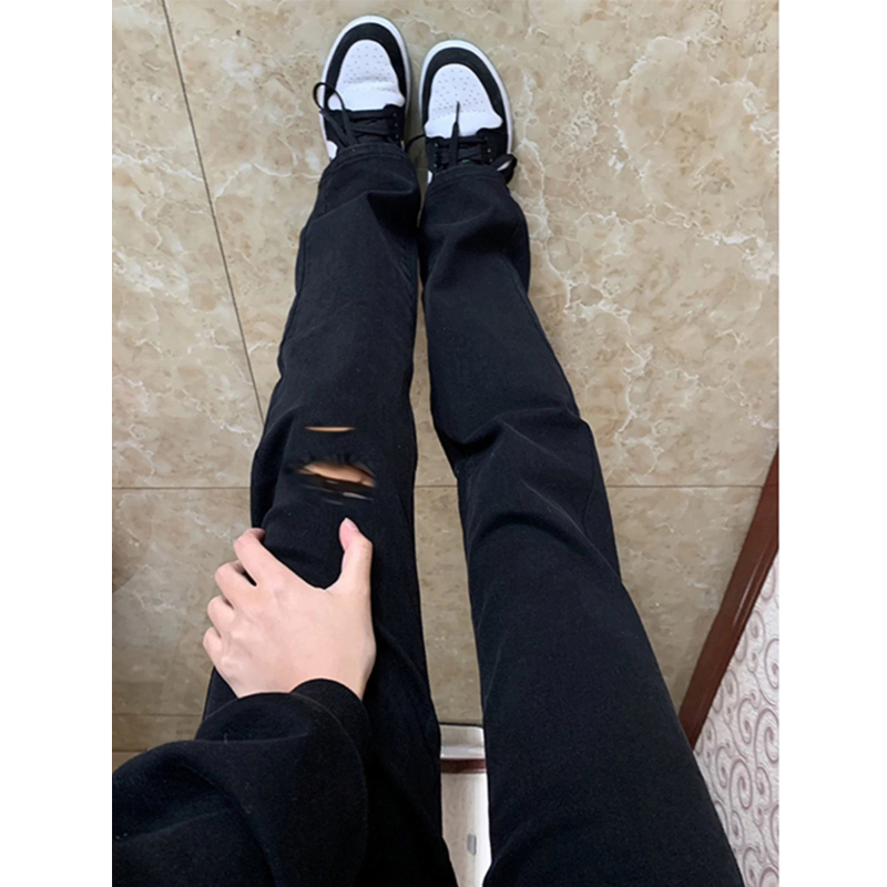 Men's Black Denim Jeans with Frayed Hems and Holes, Summer Thin Style, American Trendy Brand, Cool and Stylish, Slightly Flared Straight-Leg Pants