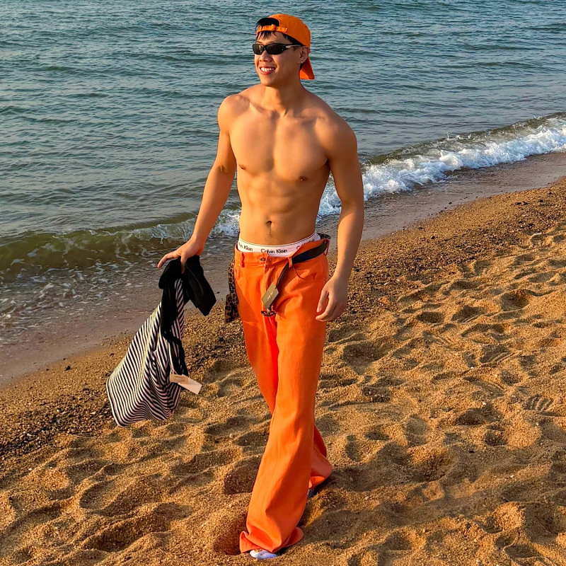 Dopamine Orange Beach Pants for Men and Women, Summer Thin Style, Island Vacation Bright Color Casual Pants, Washed Denim Pants