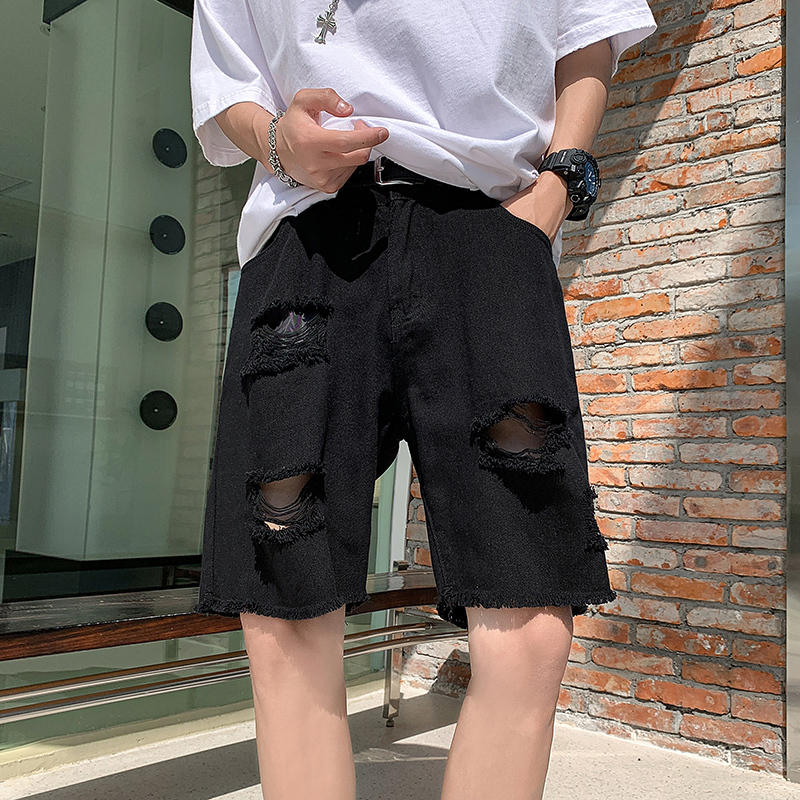 Black Frayed Ripped Denim Shorts for Men, Unique Design, Summer Distressed Five-Point Pants, American High Street Style Mid-Length Pants