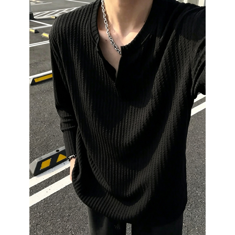 Black Casual Style Small V-Neck Long-Sleeve T-Shirt for Men, Autumn Ribbed Texture Sweatshirt, Cleanfit Base Layer Shirt