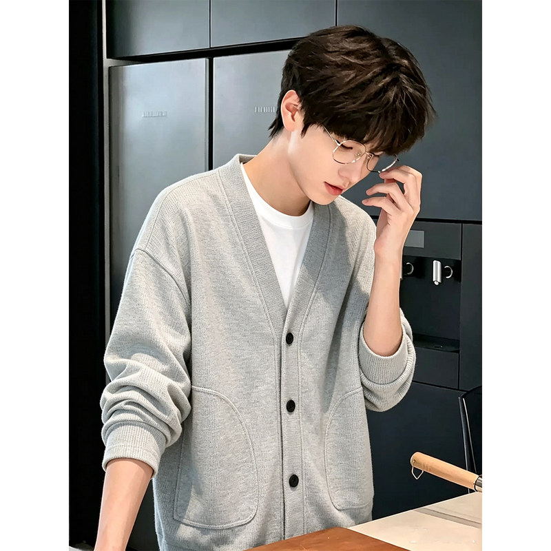 Husband-Style Outfit: Cardigan Sweatshirt for Men, Autumn American Retro Waffle Top, Cleanfit High-Intelligence Style Jacket