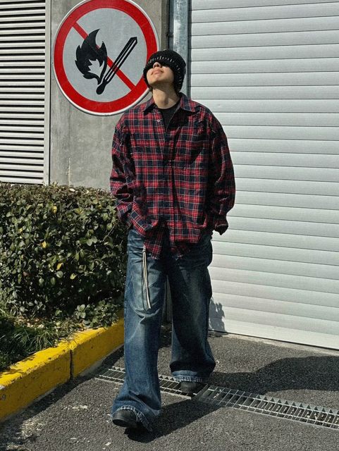 European and American street red long-sleeved plaid shirt for men 2024 autumn American retro high street plaid shirt jacket trend