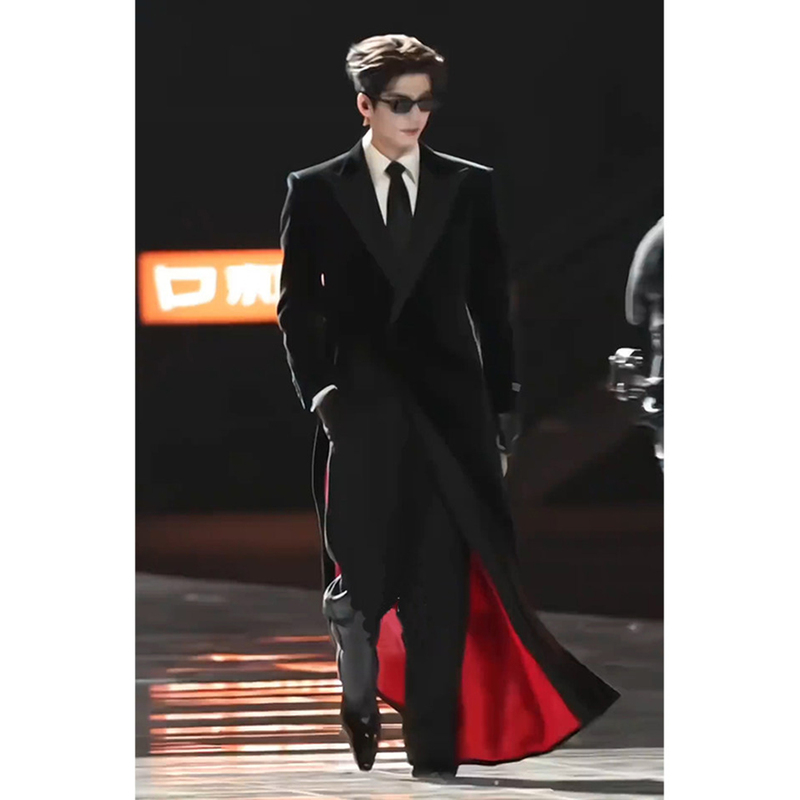 Zhang Linghe's Same Style Red Long Woolen Coat for Men, British Style Suit Collar Trench Coat with Waist-Cinching and Shoulder Pads
