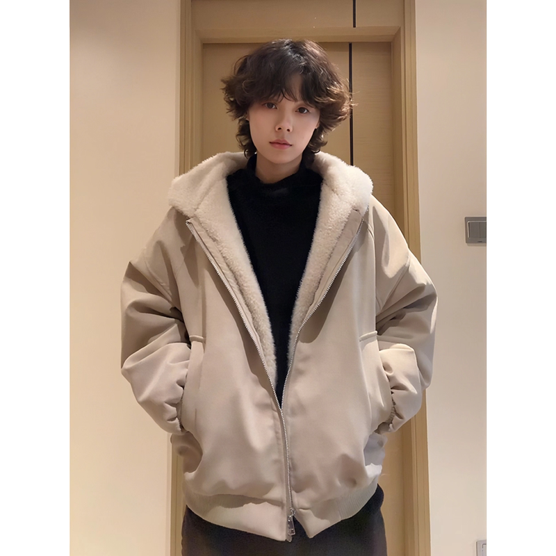 Litchi-Pattern Leather Jacket with Mountain Lion Design, Unisex Winter Thickened Leather Coat with Fur Collar, American-Style Cotton-Padded Jacket