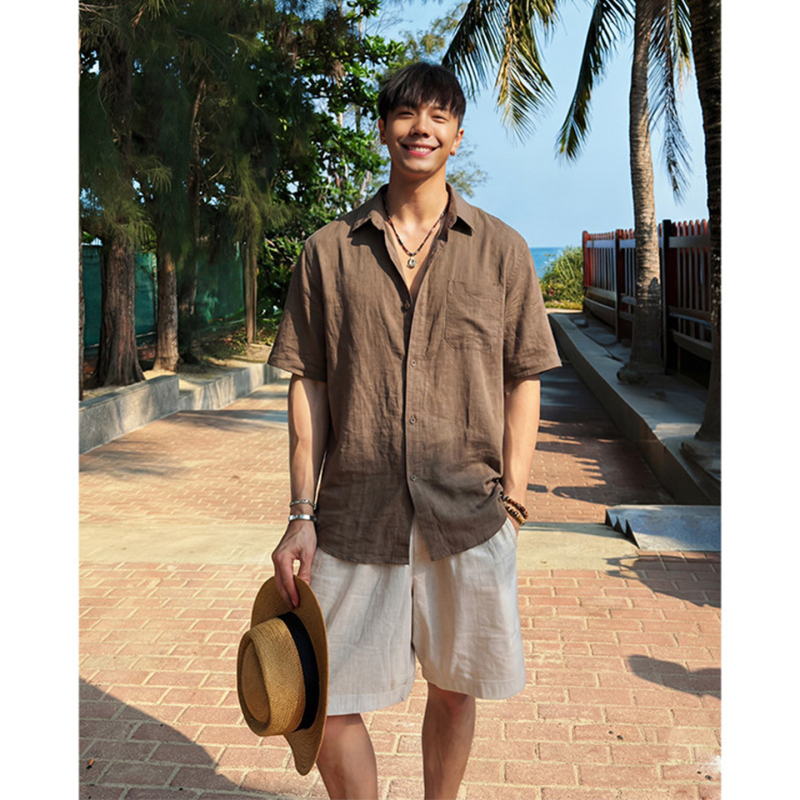 Old Money Style Coffee-Colored Linen Shirt for Men, Summer Vacation Wear, Ice Silk Sun Protection Shirt, Casual Short-Sleeve Shirt with a Masculine Feel Old Money Style Coffee-Colored Linen Shirt for Men, Summer Vacation Wear, Ice Silk Sun Protection Shirt, Casual Short-Sleeve Shirt with a Masculine Feel