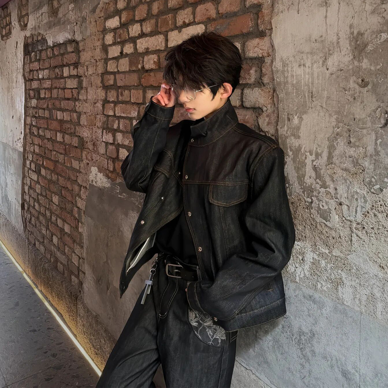Black Raw Denim Regular Shoulder Jacket for Men, Spring American High Street Short Stand Collar Baseball Jacket, Cleanfit Denim Jacket Black Raw Denim Regular Shoulder Jacket for Men, Spring American High Street Short Stand Collar Baseball Jacket, Cleanfit Denim Jacket