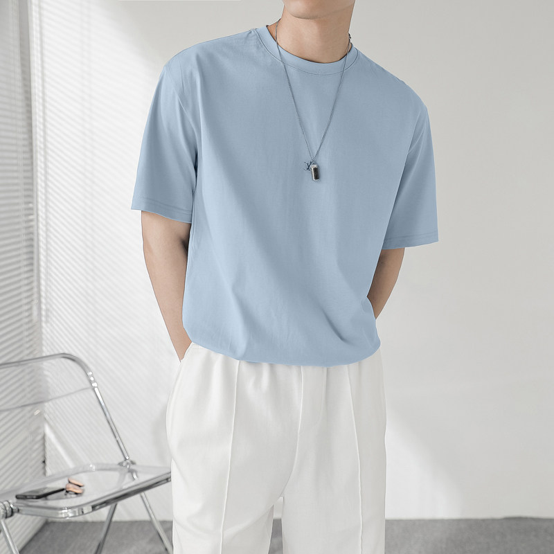 Light-cooked windy round collar T-shirt male pure color inner lap shirt short sleeve T-shirt male heavy pound loose summer senior feel blouse
