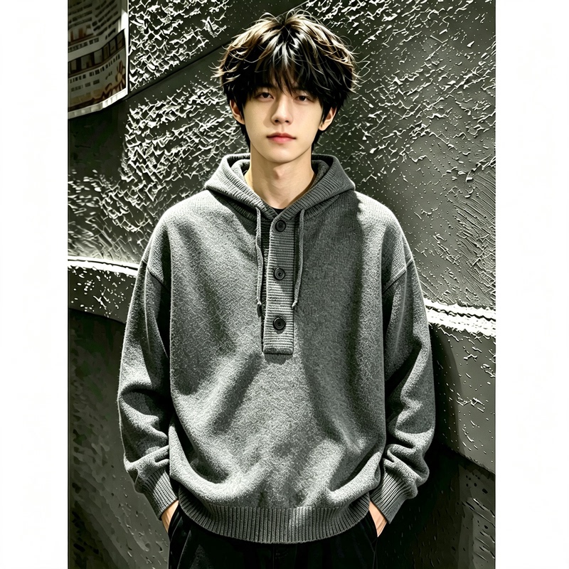 Dark Gray American-Style Hooded Jacket for Men, Autumn Heavyweight Lazy Style Sweater, Loose High-End Couple's Knitwear