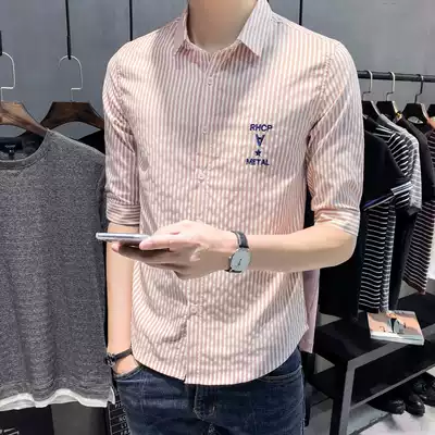 Thin shirt men's summer 7 three-quarter sleeve shirt men's Korean slim-fit men's casual inch shirt trend medium short-sleeved