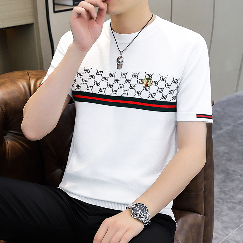 Autumn and Winter Men's Short-Sleeved Sweater, Slim Fit, Stylish and Trendy, Handsome Half-Sleeved Knitwear, White Printed Sweater