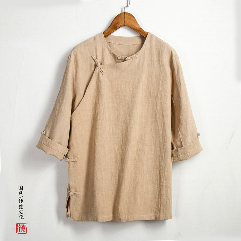 Retro Chinese style Men's T-shirt Chinese Hanclothing Cotton Cotton Disc Seven-Point Zen Tea Clothing Linen Coat