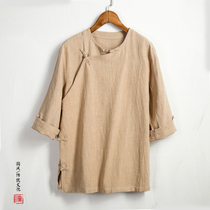 Retro China Vent Vêtements pour hommes T-shirt Chinois style Han convenir grand code 70% manches en coton bouton de lin Zen pour le thé en costume de lin