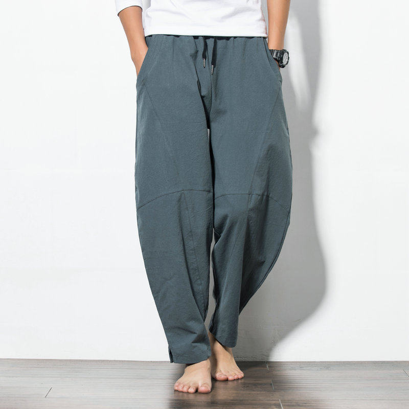 Autumn large size fat loose cotton linen casual robe pants men's Chinese style retro wide-leg bloomers harem trousers