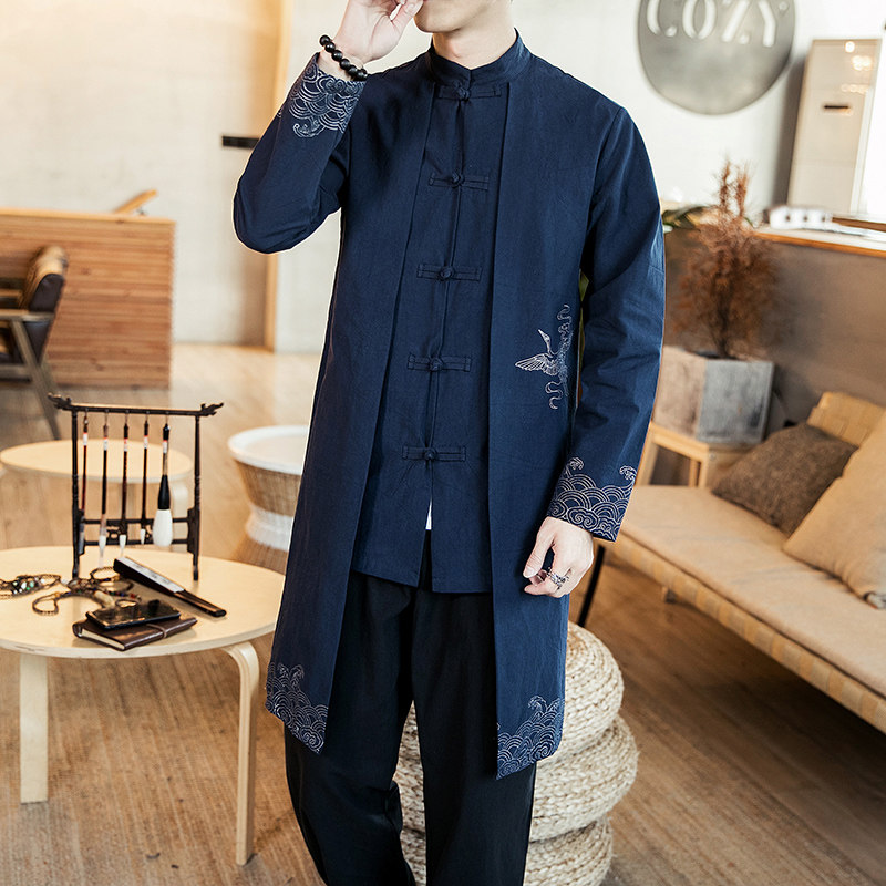 China Wind Men's Clothing National Wind Tang Dress Jacket Male Youth Medium Long Version Windsuit Fall Large Size Code Ancient Winewear Long Shirt