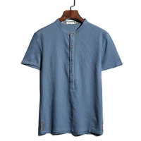 Однотонная футболка с коротким рукавом, топ, универсальный комплект, китайский стиль, из хлопка и льна, оверсайз