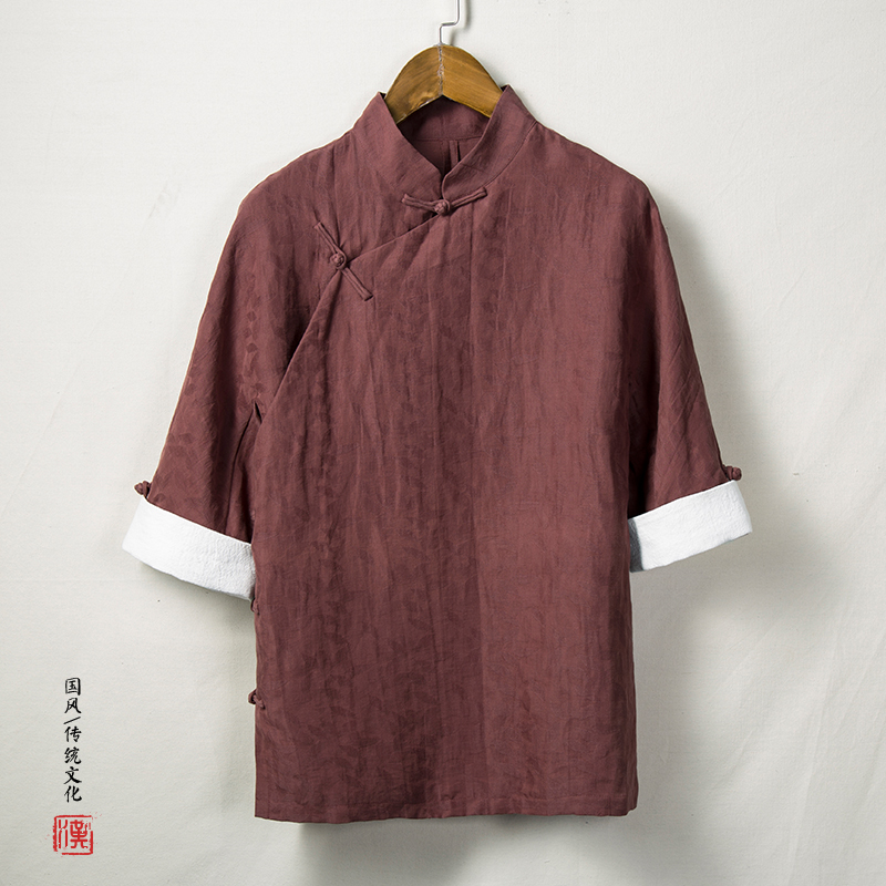 Vintage ngắn tay nút xuống áo sơ mi mùa hè mỏng Han quần áo retro nhà phù hợp với zen Tang thanh niên trà áo khoác hàng đầu
