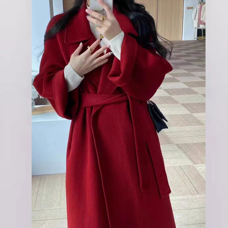 2026 Winter New Korean Style Loose Woolen Coat Wedding Mid-Length Red Engagement Belt Double-Sided Cashmere Coat