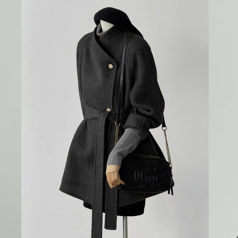 Lazy Style Double-Sided Wool Coat for Women, Mid-Length, Waist-Cinching, Tie-Up, Slimming for Petite Figures, Not Bulky, Woolen Overcoat for Winter