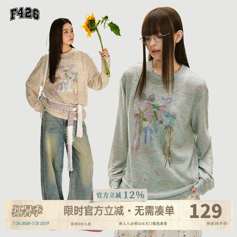 【F426 Official Store】National Trend Brand Spring New Loose Casual Colorful Yarn Bow Blouse Long Sleeve T-Shirt