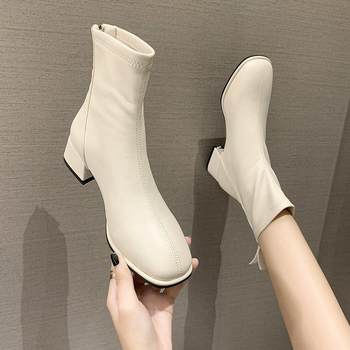 Soft Leather Mid-Heel Beige Short Boots for Women 2024 New Spring and Autumn Versatile Martin Boots Fashionable Square Toe Chunky Heel Slim Boots