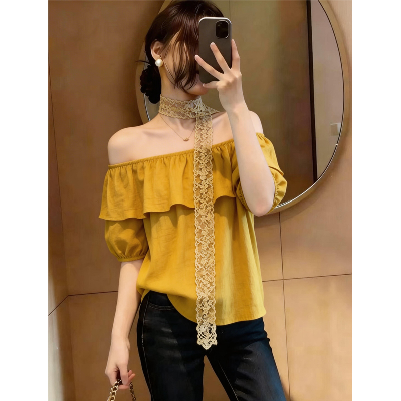Fashionable Korean-Style Lace Halter Ruffle Short-Sleeve Shirt for Women, Summer Plus-Size Trendy Youthful Slimming Top