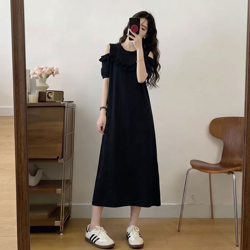 Off-Shoulder Straight Dress for Women, Summer Plus Size, Loose Fit, Slimming, Lazy Style, French Design, Casual T-Shirt Long Dress Off-Shoulder Straight Dress for Women, Summer Plus Size, Loose Fit, Slimming, Lazy Style, French Design, Casual T-Shirt Long Dress