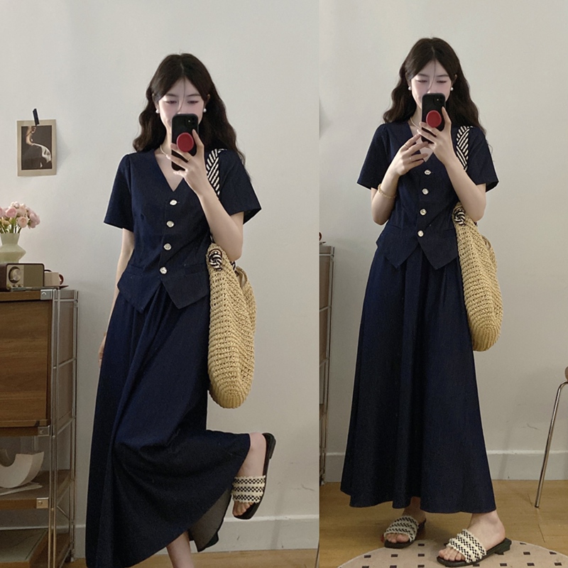 High-End Retro V Neck Short-Sleeved Top and Skirt Two-Piece Set for Women in Summer Plus Size Fashionable Denim Slimming Suit