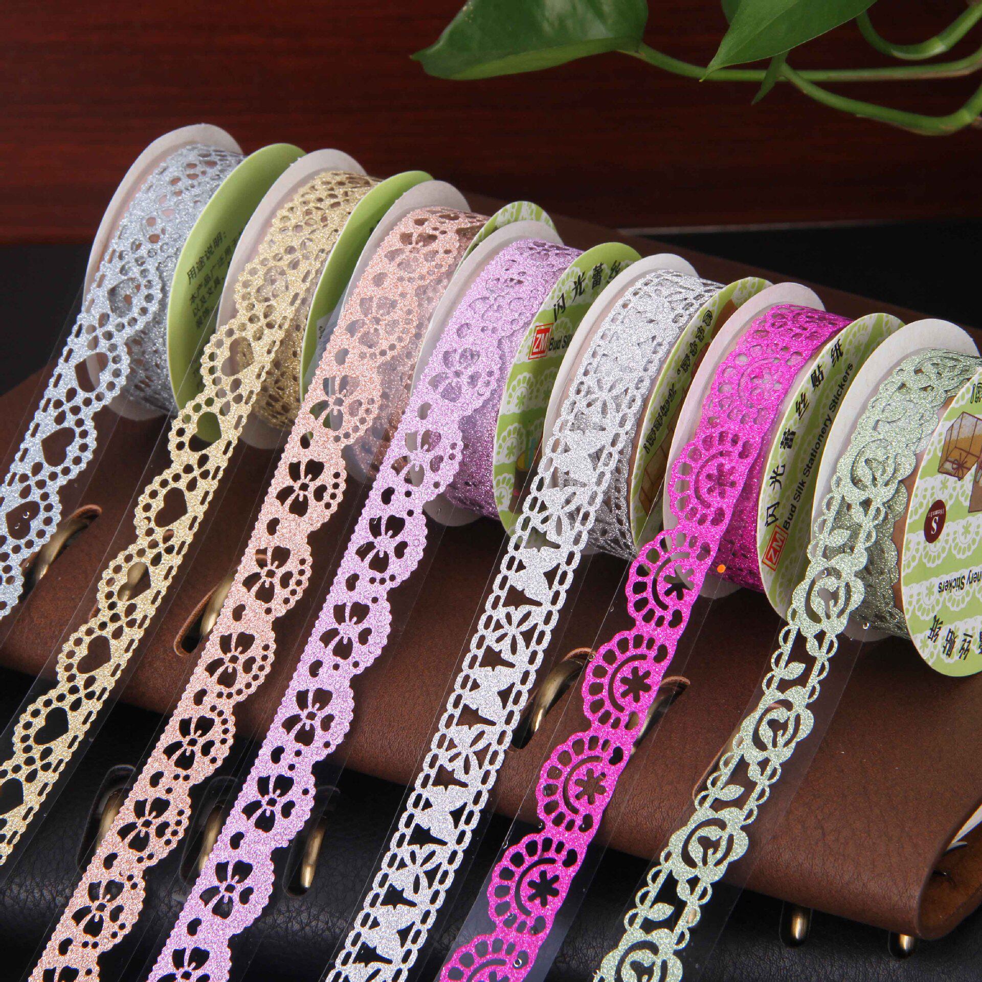 Colour sparkling hollowed-out gold powder lace adhesive tape DIY album handmade material diary to decorate cute lace stickers