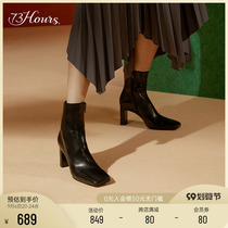 73Hours womens shoes Mica new leather retro square toe fashion boots black high-heeled ankle boots women