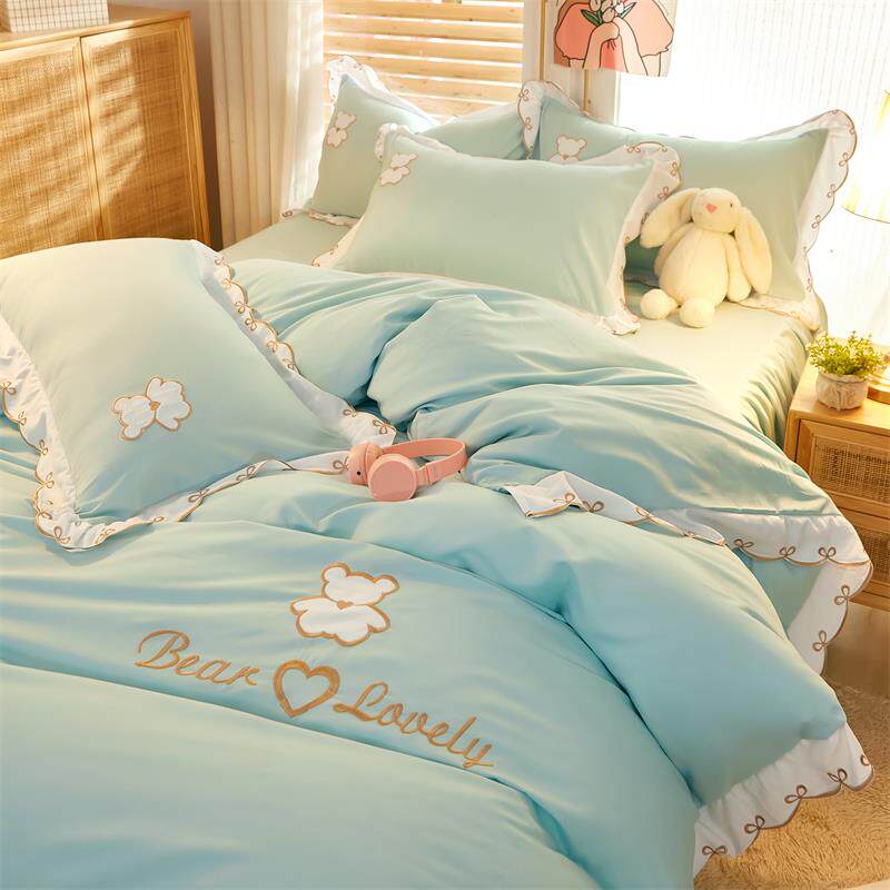 Korean-style cotton nude sleeping sheet bed skirt four-piece set of solid color bear embroidery quilt cover cotton girl heart bed cover bedspread